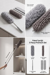 5 Parça Premium Mikrofiber Toz Alma Seti, Teleskopik Saplı Toz Alıcı Ev Temizlik Fırçası Seti