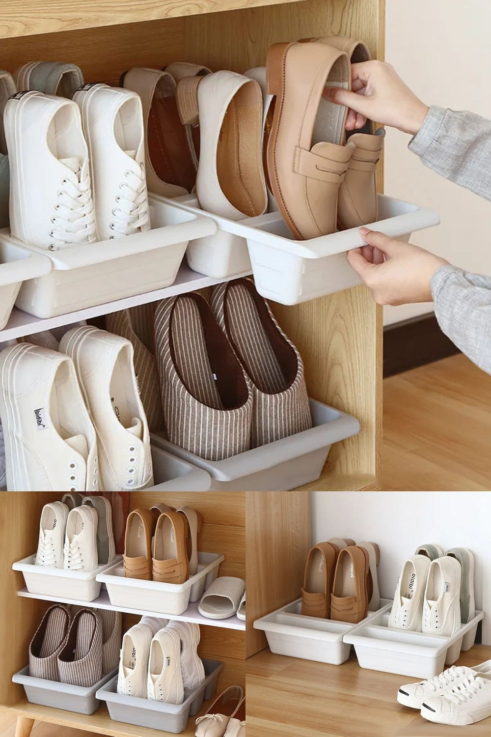 Ahşap dolapta beyaz spor ayakkabı, kahverengi terlikler ve bej loafer ayakkabılar için beyaz plastik ayakkabı düzenleyici