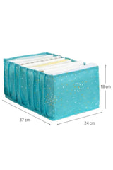 Mavi desenli kumaştan kıyafet organizer kutusu, 37x24x18 cm ölçülerinde