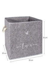 Gri keçe saklama kutusu, ip kulplu, 30x30x30 cm ölçülerinde, üzerinde sevgi temalı yazı