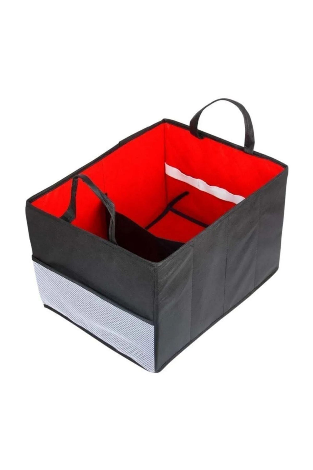 Kırmızı iç yüzeyli, siyah ve gri yapıda, taşıma saplı araç bagaj organizeri