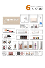 6 parça şeffaf çekmece düzenleyici seti içinde makyaj ve bakım ürünleri