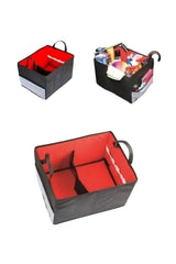 Kırmızı iç astarlı, bölmeli siyah katlanabilir saklama kutuları, biri dolu, beyaz zemin