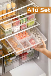 Dondurucuda organize edilmiş deniz ürünleri, et, sebze ve saklama kutuları ile düzenli buzdolabı içi organizer seti