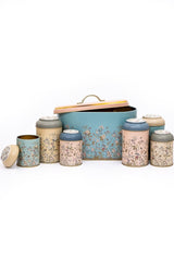 Çiçek desenli, farklı renklerde kapaklı metal saklama kutuları seti ve büyük kutu