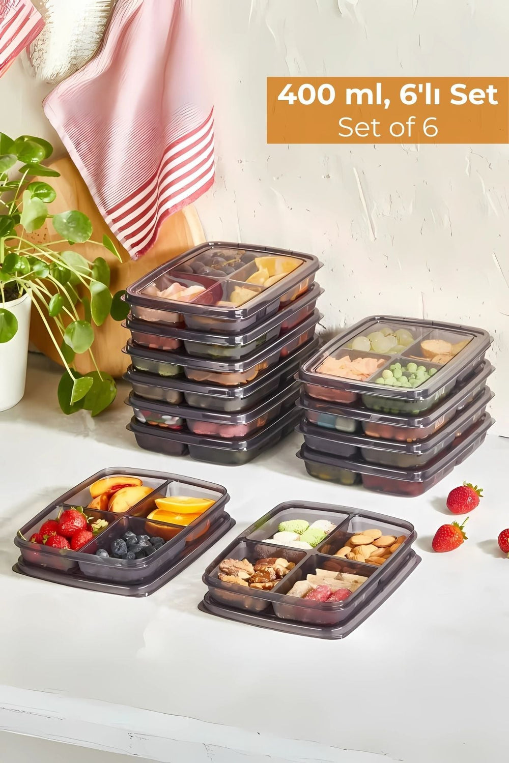 400 ml 6'lı set plastik bölmeli yemek ve atıştırmalık saklama kapları mutfak tezgahında