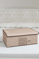 Yatakta bej renkli katlanabilir kumaş ev depolama kutusu