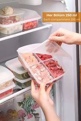 250 ml bölmeli dondurucu saklama kabı içinde çeşitli kırmızı ve beyaz etlerin dolaba yerleştirilmesi