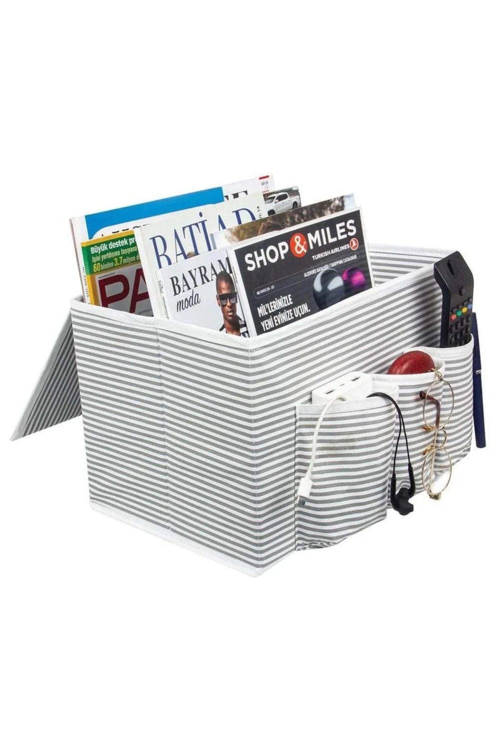 Gri beyaz çizgili çok bölmeli dergi, uzaktan kumanda, gözlük ve şarj kablosu organizer kutu