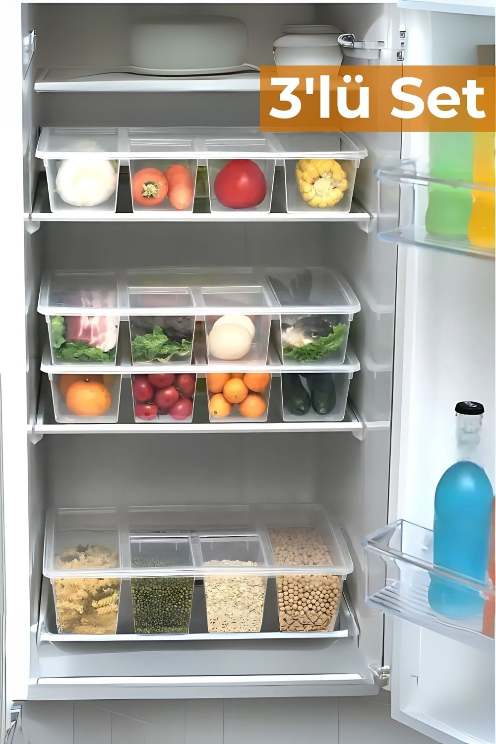 Buzdolabında 4 bölmeli şeffaf kapaklı plastik saklama kutuları ile düzenli gıda saklama seti