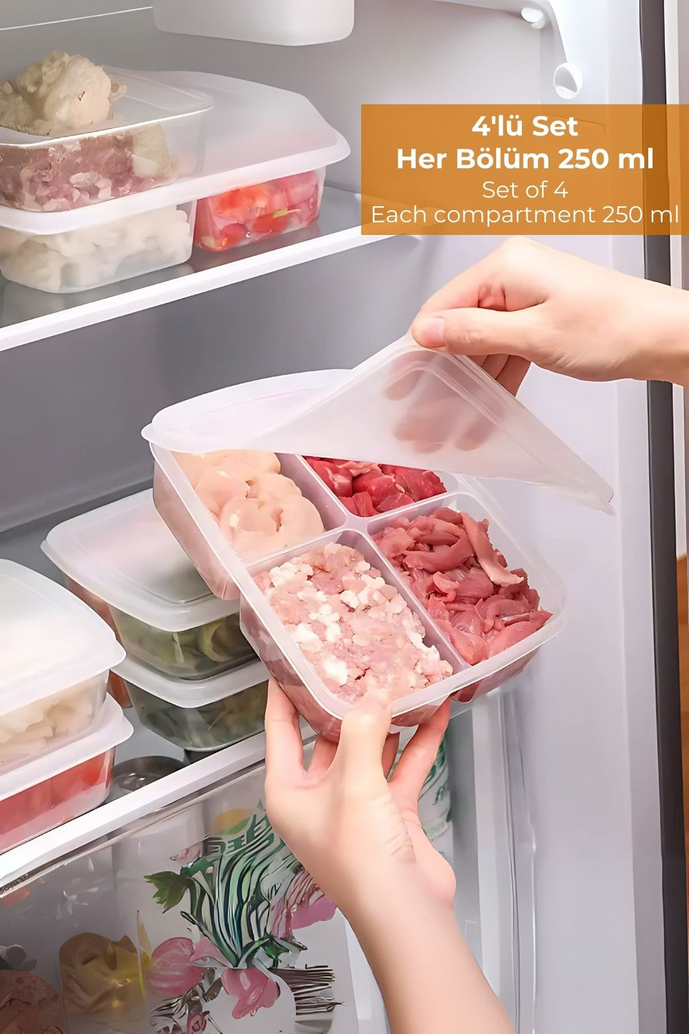 Buzdolabında 4 bölmeli, 250 ml kapasiteli plastik saklama kabı ve içindeki etler