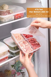 Buzdolabında 4 bölmeli, 250 ml kapasiteli plastik saklama kabı ve içindeki etler