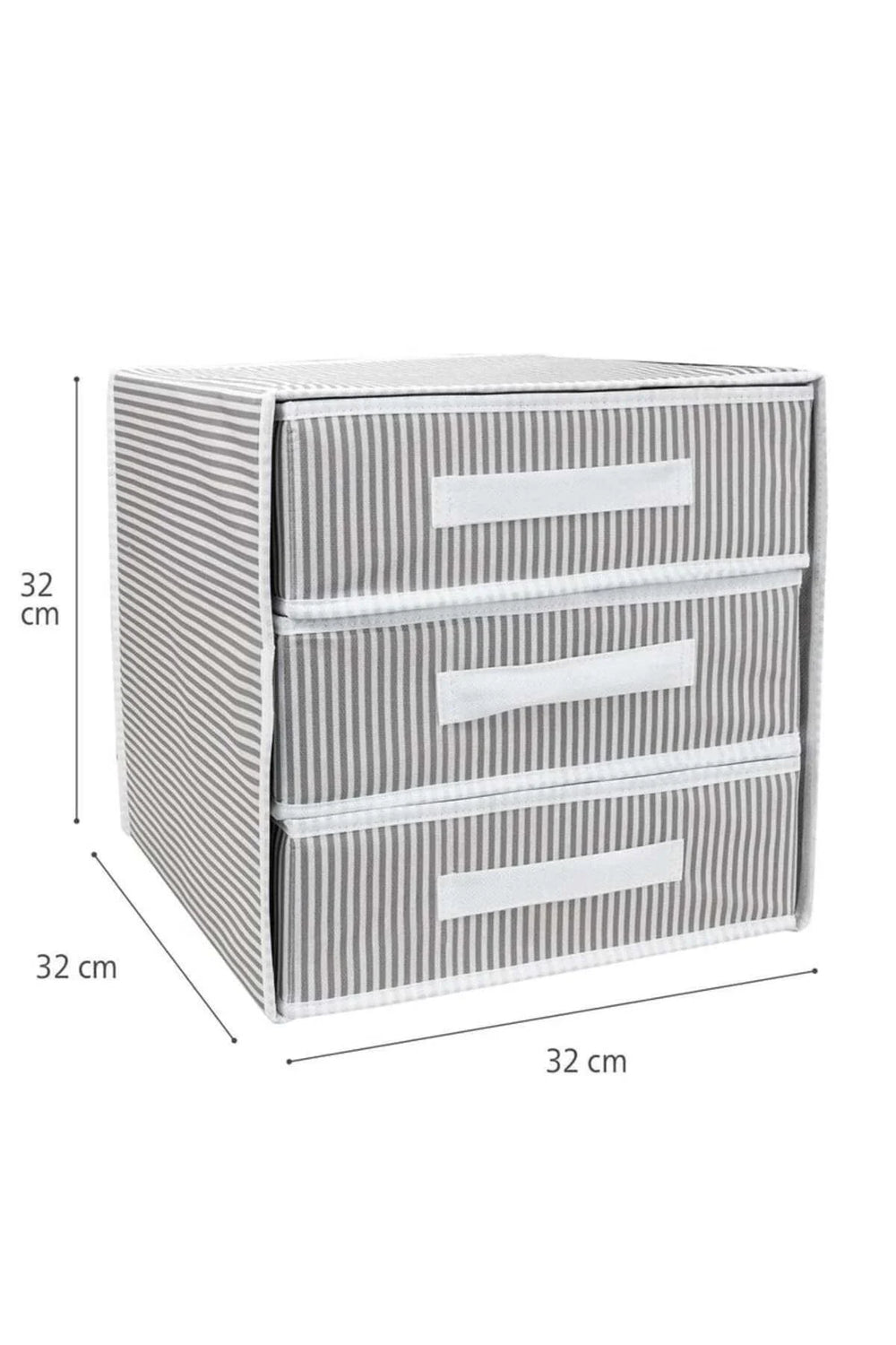 Gri beyaz çizgili, 3 çekmeceli kumaş saklama kutusu, ölçüleri 32x32x32 cm