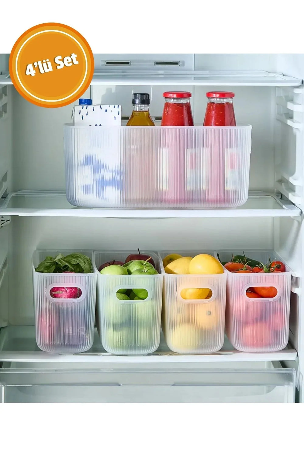 Buzdolabında 4'lü set plastik mutfak düzenleyici kutular içinde meyve sebze ve içeceklere düzenli saklama