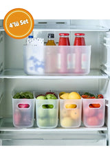 Buzdolabında 4'lü set plastik mutfak düzenleyici kutular içinde meyve sebze ve içeceklere düzenli saklama