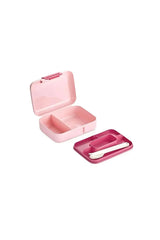 Pembe plastik bölmeli öğle yemeği kutusu ve içindeki beyaz kaşık ve çatalla