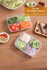 250 ml bölmeli 2 set plastik kapta doğranmış havuç, kereviz, biber, soğan ve brokoli