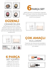 6 parçalı şeffaf çekmece içi organizer set, farklı boylarda kozmetik ve makyaj düzenleyici kutular