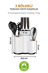 Beyaz renkli 3 bölmeli tezgah üstü kaşıklık, mutfak gereçleri ve bıçaklar ile, BPA free etiketli