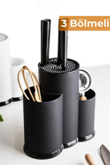 Siyah üç bölmeli mutfak bıçak ve ahşap çırpıcı tutucu düzenleyici