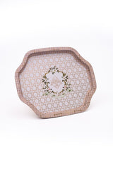 Çiçek desenli, altın çizgili ve dalgalı kenarlı dekoratif tepsi