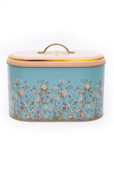 Çiçek desenli mavi metal saklama kutusu, pembe kapaklı, altın renk tutma saplı
