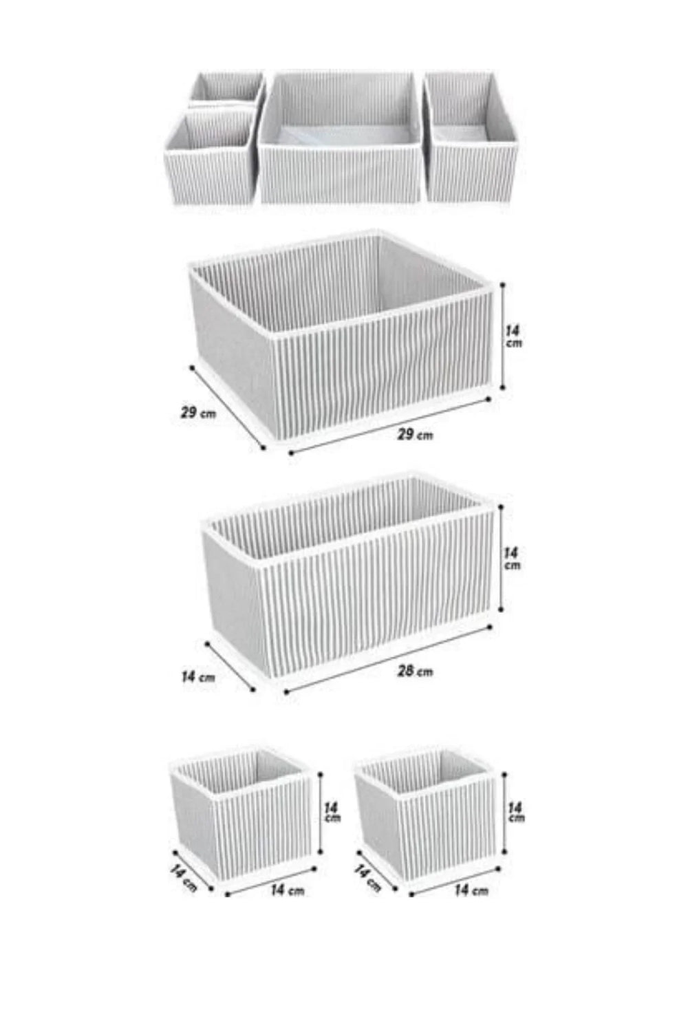 Farklı boyutlarda 5 beyaz çizgili saklama kutusu, ölçüleriyle gösteriliyor