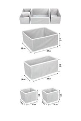 Farklı boyutlarda 5 beyaz çizgili saklama kutusu, ölçüleriyle gösteriliyor