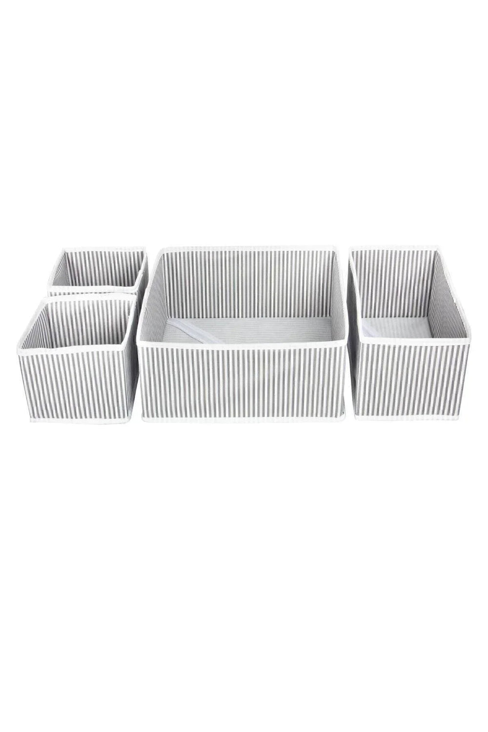 Gri beyaz çizgili dört farklı boyutta dikdörtgen saklama kutusu