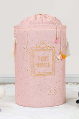 Yıldız desenli pembe oyuncak saklama sepeti, ipli kapak ve yan kulplar