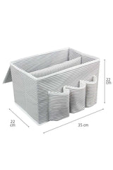 Gri beyaz çizgili kumaş kutu, üç dış cep telefon cepleriyle, 22x35x22 cm ölçülerinde