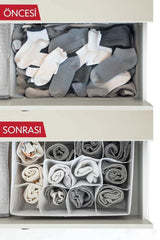 Dağınık çoraplar öncesi ve düzenlenmiş rulo çoraplar sonrası çekmecede