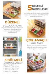5 bölmeli şeffaf plastik buzdolabı düzenleyici kutular, farklı gıdaların ayrı saklanması için