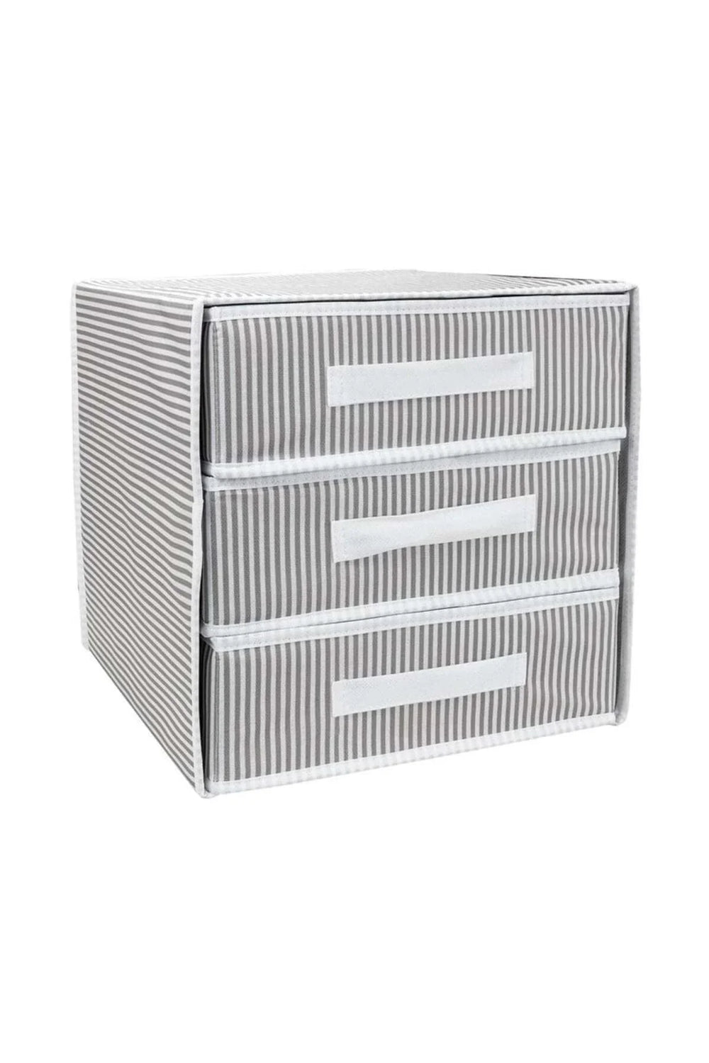 Gri beyaz çizgili, üç çekmeceli kumaş saklama kutusu