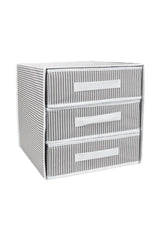 Gri beyaz çizgili, üç çekmeceli kumaş saklama kutusu