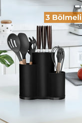 3 bölmeli siyah mutfak gereçleri düzenleyici içinde spatula, bıçak ve çırpıcı