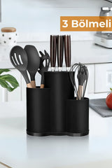 3 bölmeli siyah mutfak gereçleri düzenleyici içinde spatula, bıçak ve çırpıcı