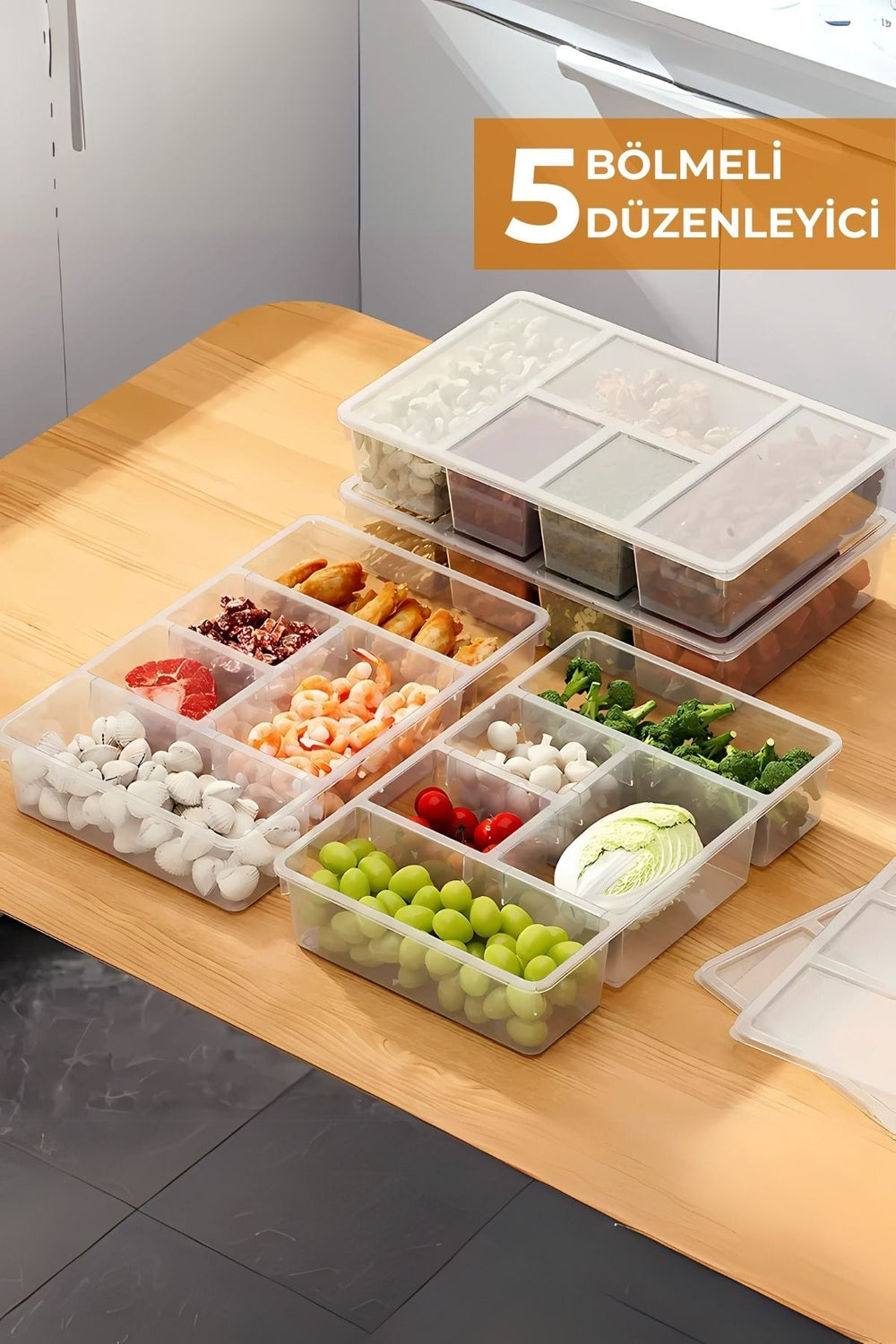 5 bölmeli şeffaf plastik mutfak düzenleyici kutu, içinde meyve ve sebzelerle