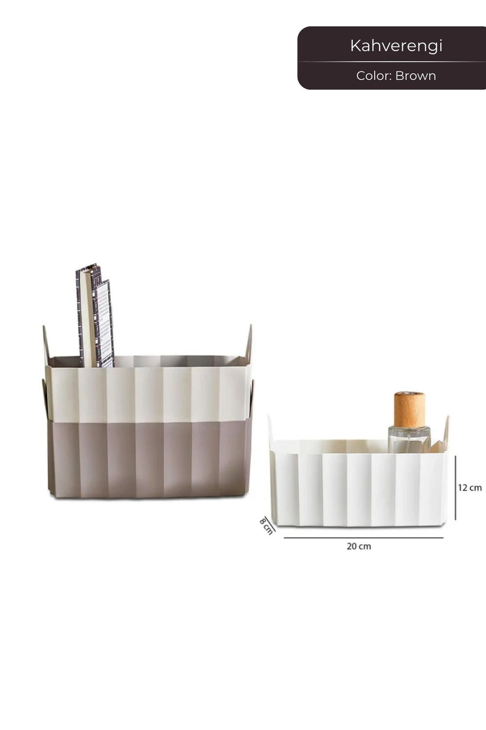 Kahverengi ve beyaz, katlanabilir plastik saklama kutuları, ölçüleri 20x12x8 cm, organizasyon kutusu