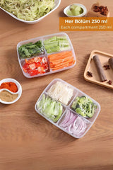 250 ml bölmeli plastik kaplarda çeşitli doğranmış sebzeler: kereviz, havuç, biber, brokoli, soğan ve mantar