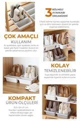 3 bölmeli beyaz ayakkabı organizatörü, farklı ayakkabılarla dolu, kompakt, kolay temizlenebilir