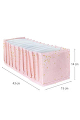 Pembe renk, yıldız desenli katlanabilir kumaş düzenleyici, 43x15x14 cm ölçülerinde