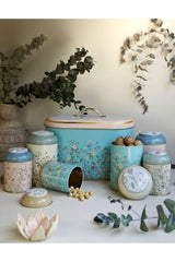 Çiçek desenli renkli metal saklama kutuları ve kavanozlar, fındık ve ceviz dolu, doğal dekor