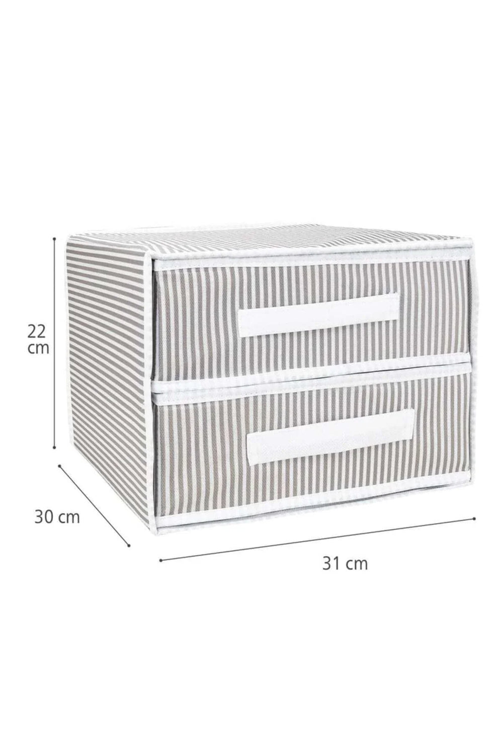 Gri beyaz çizgili kumaş iki çekmeceli saklama kutusu, ölçüleri 31x30x22 cm