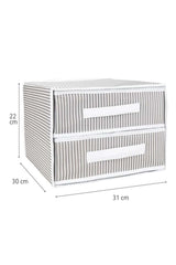Gri beyaz çizgili kumaş iki çekmeceli saklama kutusu, ölçüleri 31x30x22 cm