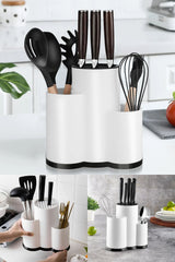 Beyaz ve siyah bıçak, çatal, kepçe düzenleyici ve mutfak gereçleri ile modern masaüstü saklama kutusu