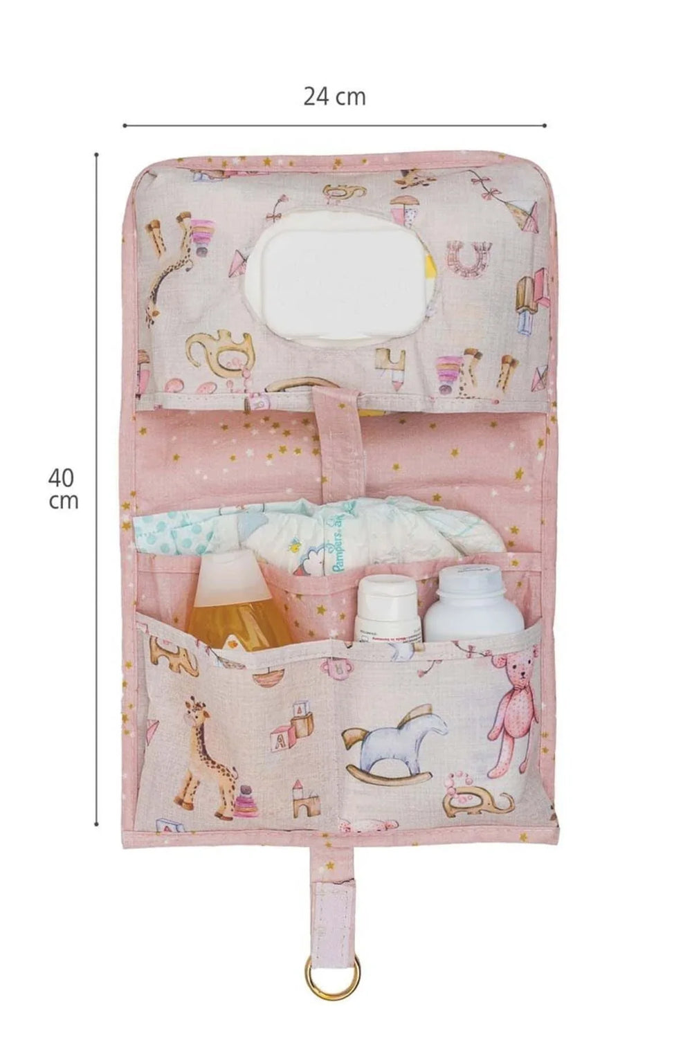 24x40 cm bebek bakım çantası, pembe hayvan desenli, bebek bezi ve şişe tutuculu