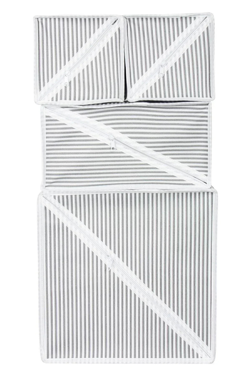 Gri beyaz çizgili fermuarlı 5 farklı boyda saklama torbaları seti