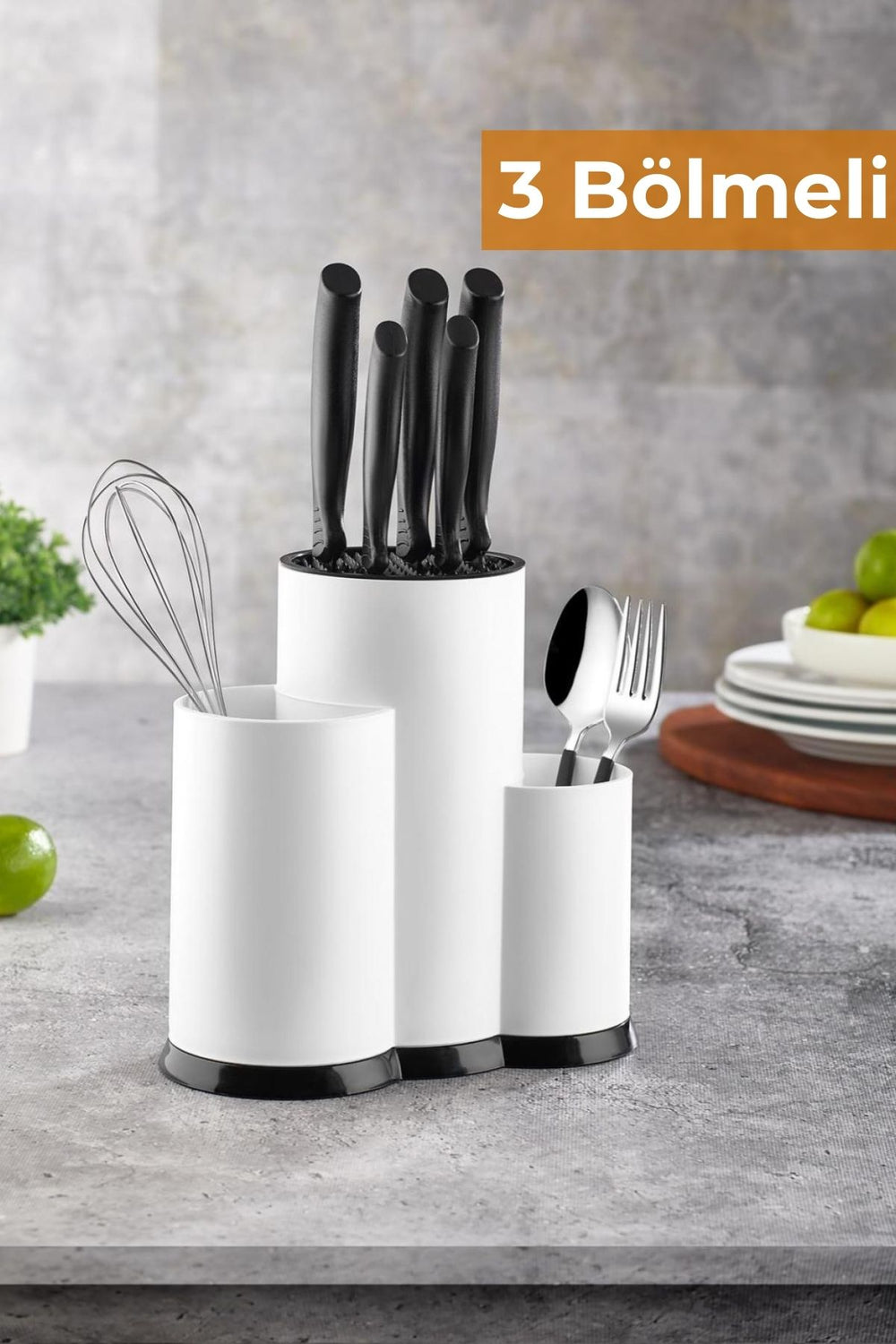 3 bölmeli beyaz mutfak bıçak ve çatal kaşık düzenleyici, gri mermer zeminde