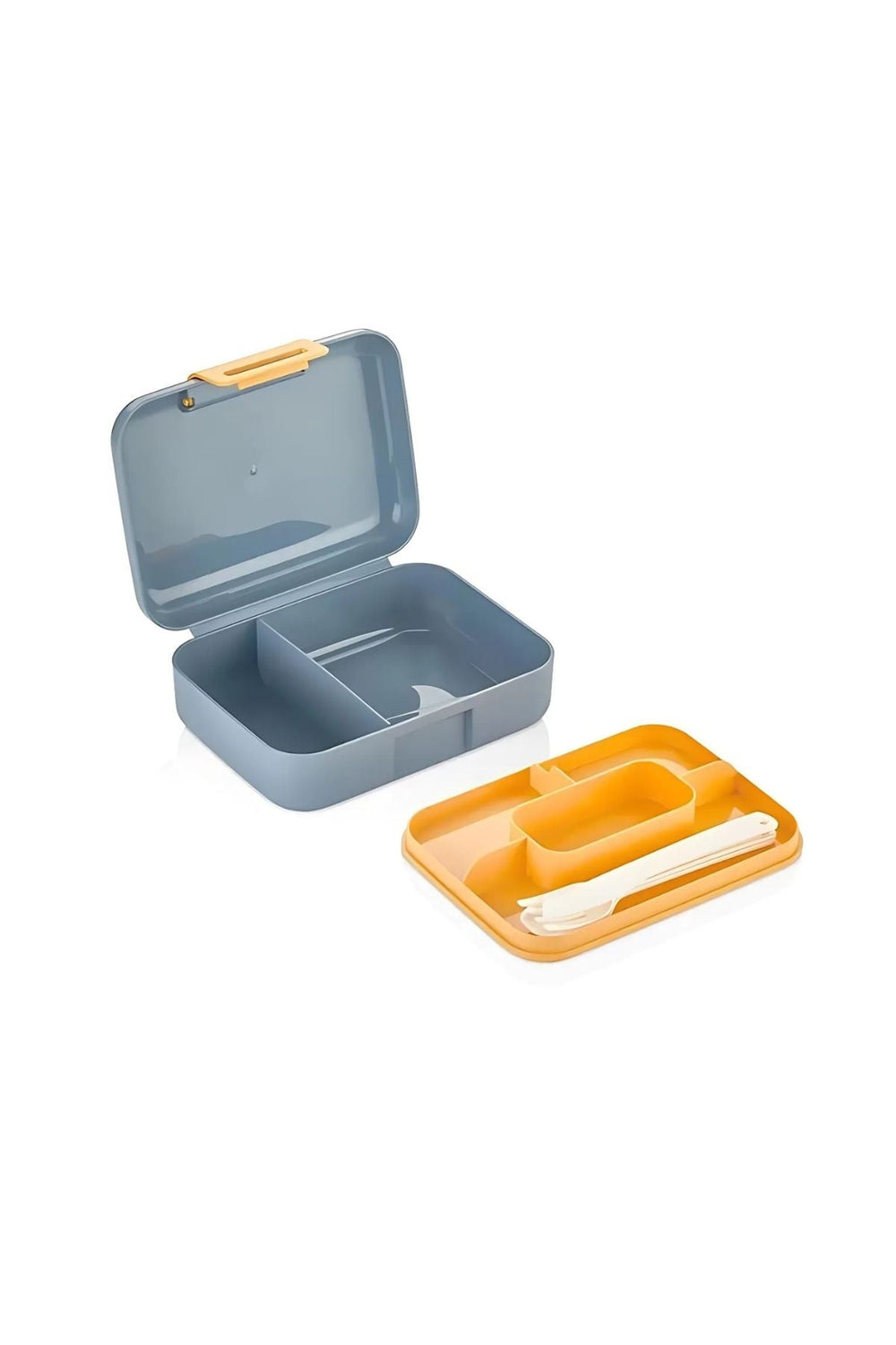 Ayrılabilir bölmeli gri kapaklı öğle yemeği kutusu ve iç içe sarılmış beyaz çatal, bıçak, kaşık seti